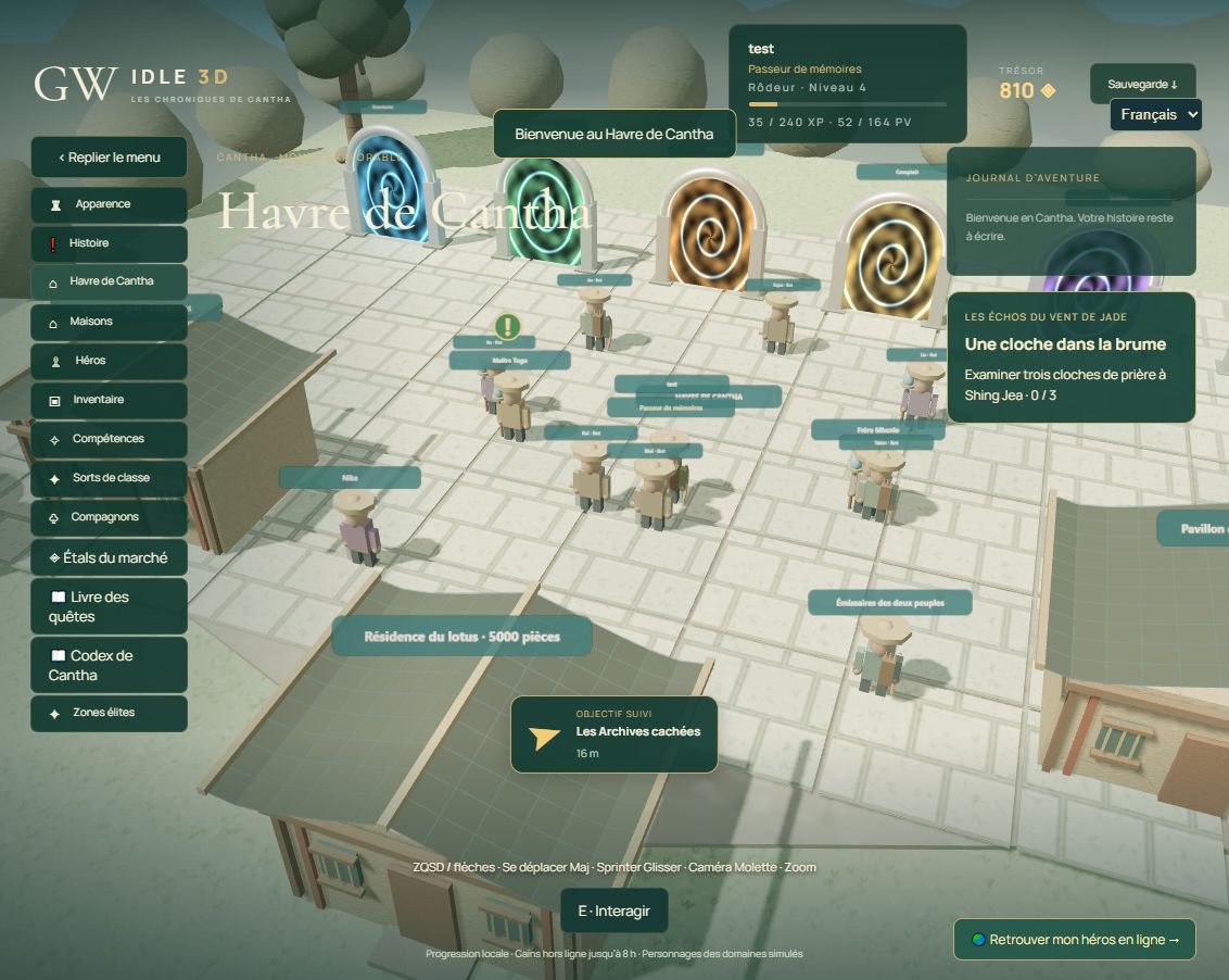 Le Havre de Cantha en jeu, avec ses portails, personnages et bâtiments