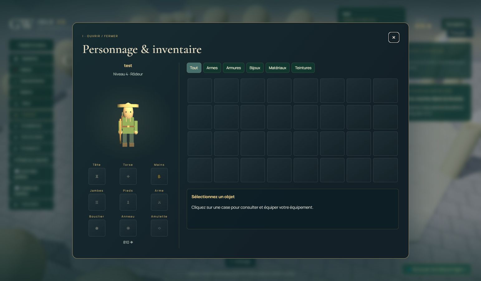 L’inventaire 3D et l’équipement du personnage